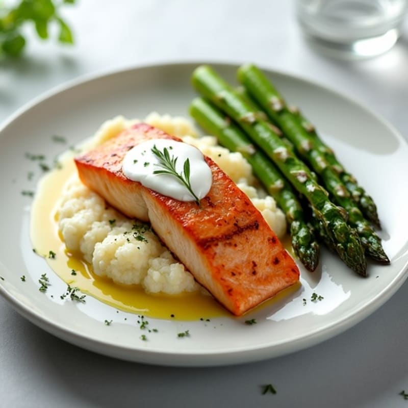 Seared Salmon with Steamed Asparagus and Cauliflower Mash