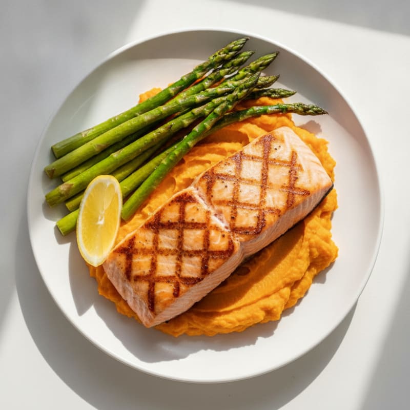 Seared Salmon with Roasted Asparagus and Sweet Potato Mash