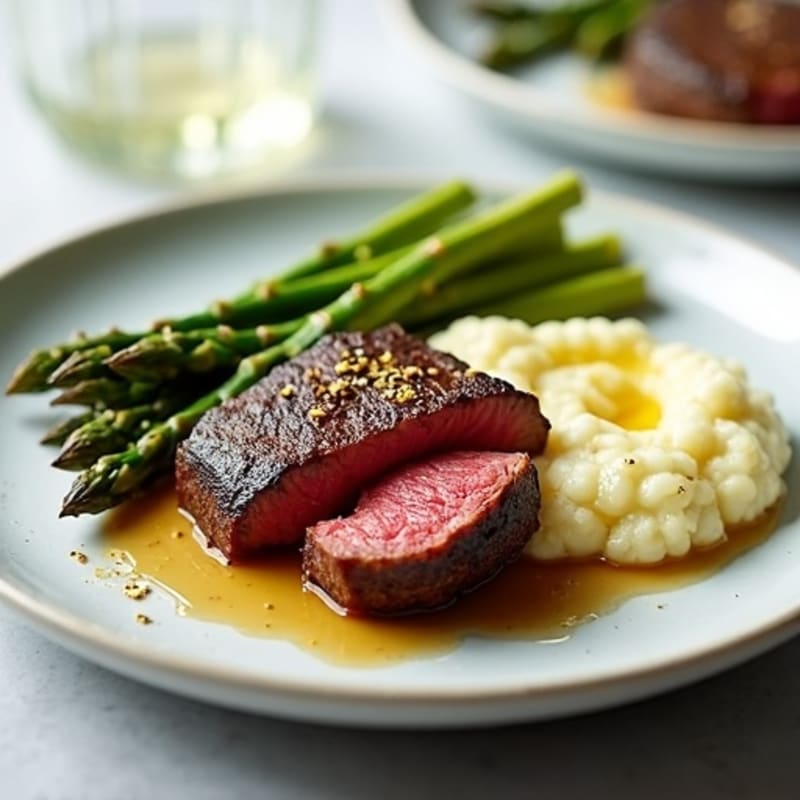 Seared Lean Beef with Roasted Asparagus and Cauliflower Mash