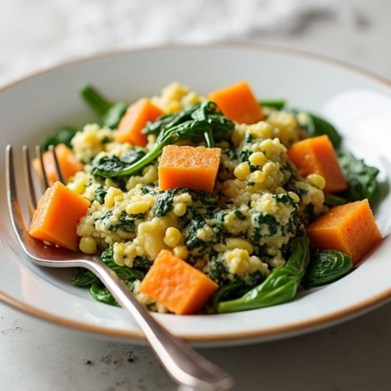 Cottage Cheese Scramble with Spinach and Roasted Sweet Potato