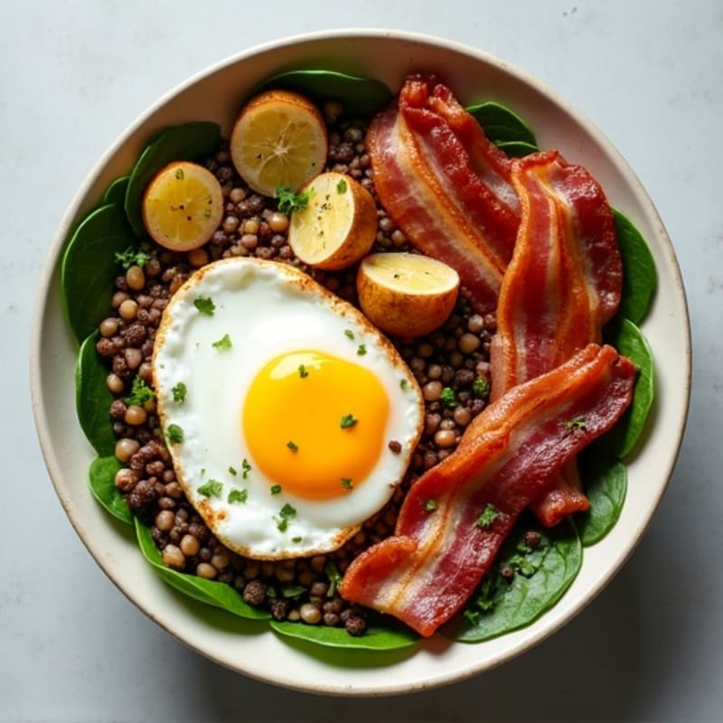 Hearty Lentil Breakfast Bowl with Crispy Roasted Potatoes, Eggs, and Turkey Bacon