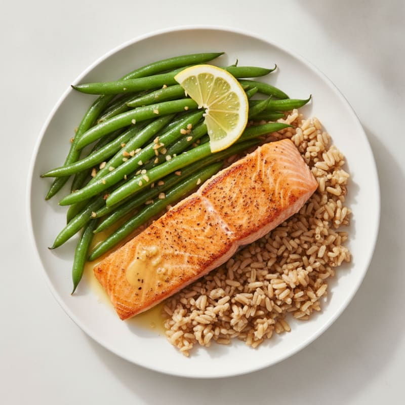 Seared Salmon with Garlic Green Beans and Brown Rice