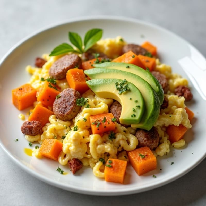 Egg White and Turkey Sausage Scramble with Roasted Sweet Potatoes