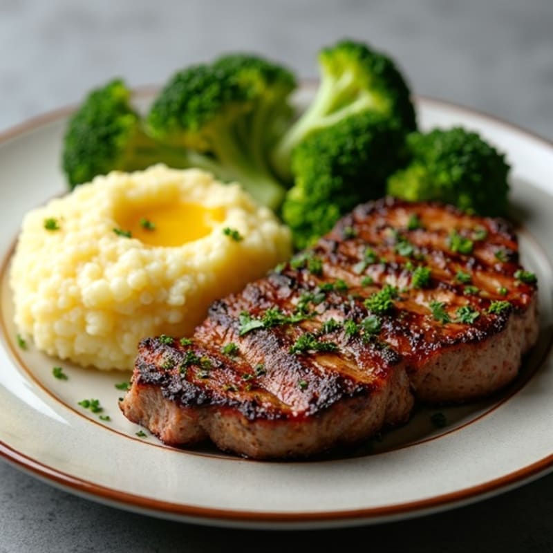 Herb-Crusted Steak with Roasted Garlic Mashed Potatoes and Seasonal Vegetables