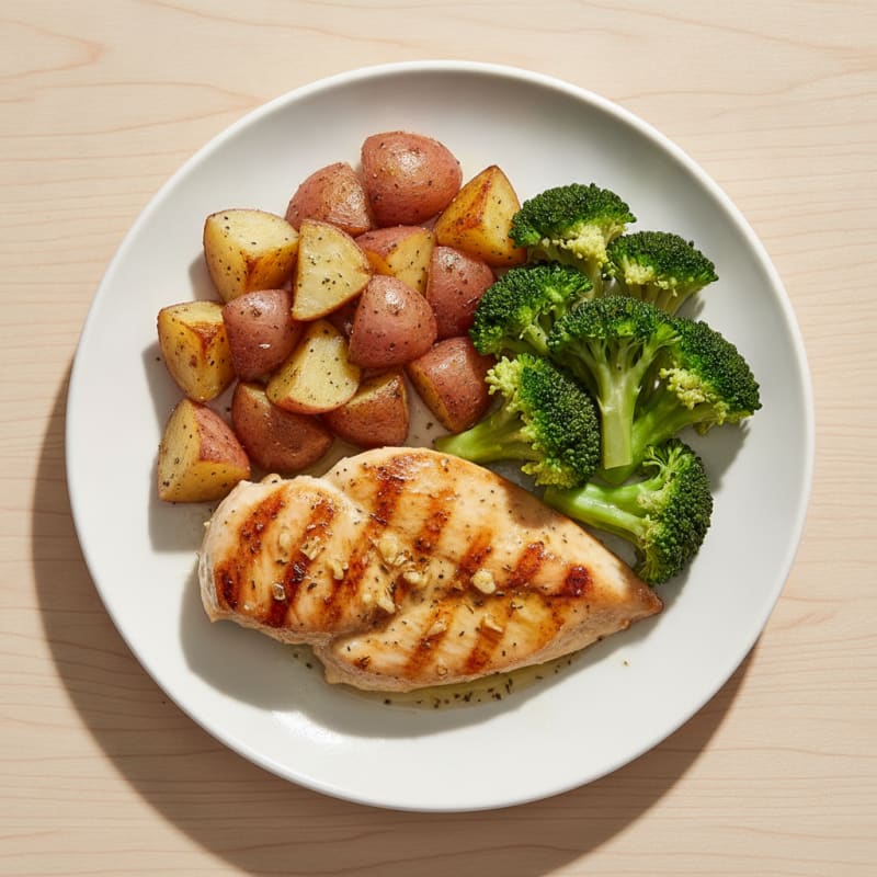 Grilled Chicken Breast with Roasted Potatoes and Steamed Broccoli
