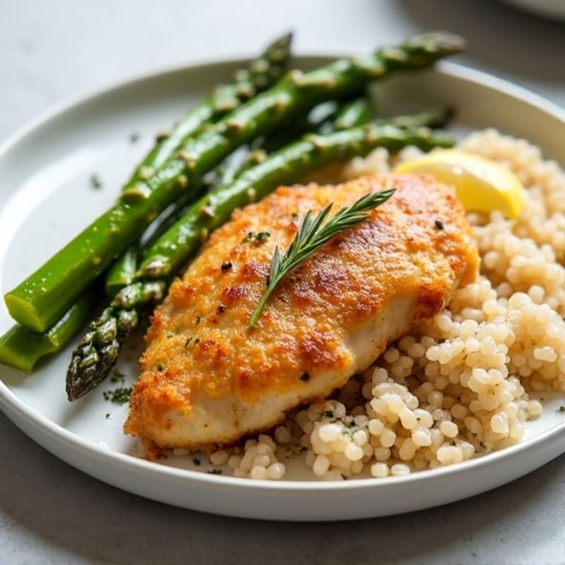 Crispy Lemon Herb Chicken with Fluffy Brown Rice and Roasted Asparagus