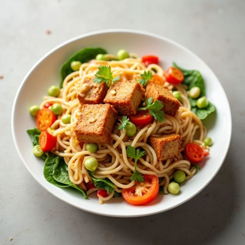 Creamy Peanut Noodles with Crispy Tofu and Fresh Vegetables