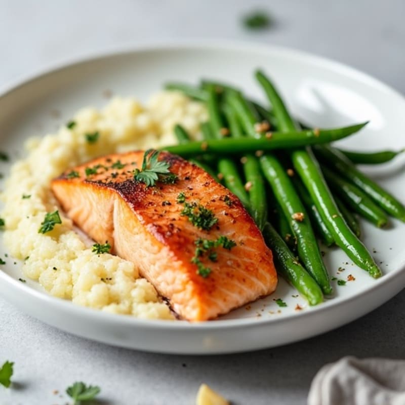 Seared Salmon with Steamed Green Beans and Garlic Cauliflower Mash