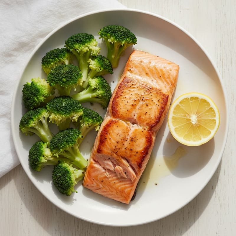 Pan-Seared Salmon with Steamed Broccoli and Lemon