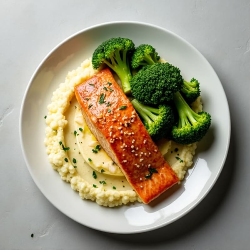 Seared Salmon with Roasted Broccoli and Garlic Mash