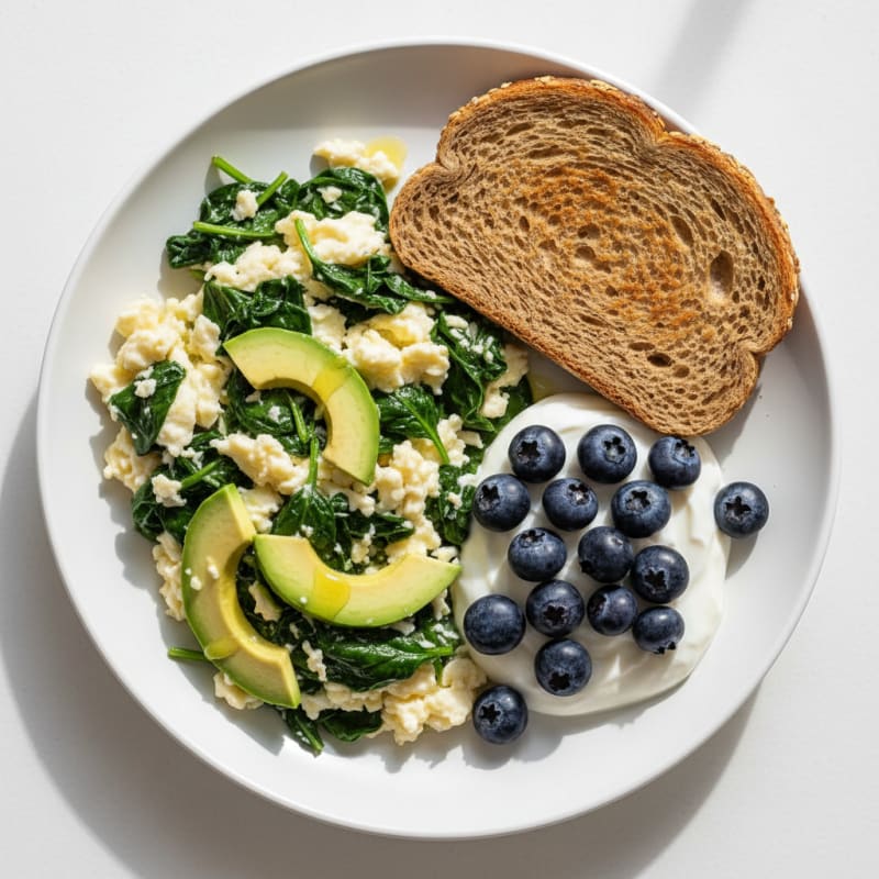 Egg White and Spinach Scramble with Greek Yogurt and Fresh Berries