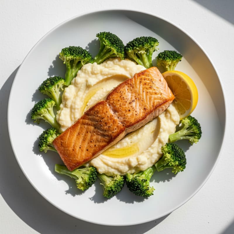 Seared Salmon with Steamed Broccoli and Cauliflower Mash