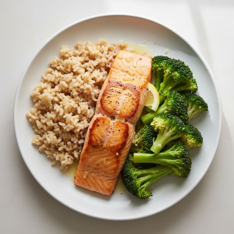 Seared Salmon with Steamed Broccoli and Brown Rice