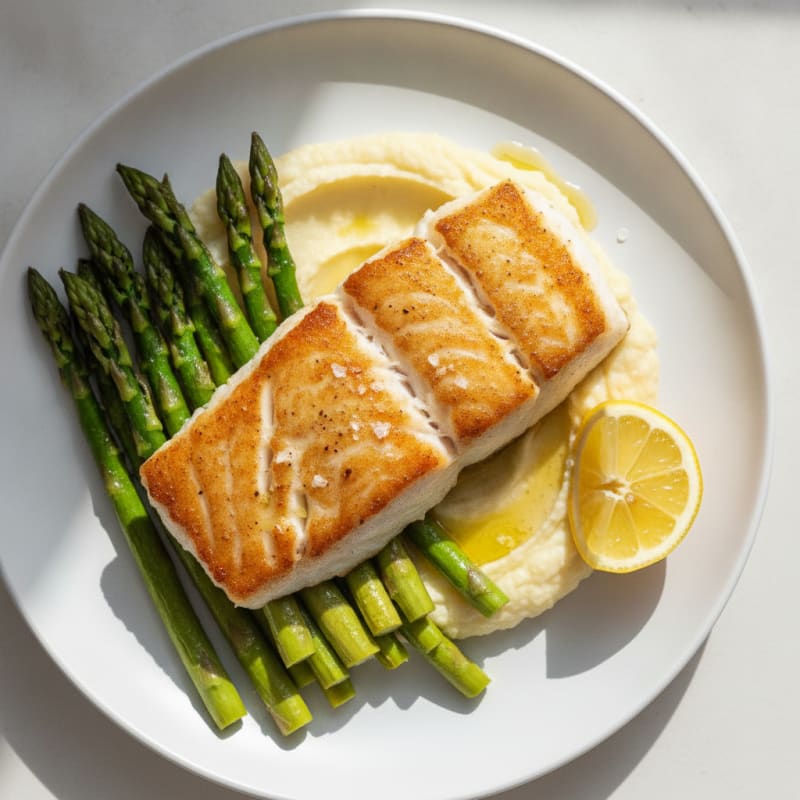 Seared Cod with Roasted Asparagus and Cauliflower Mash