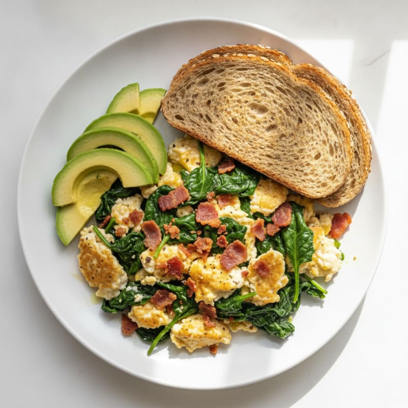 Crispy Turkey Bacon Egg White Scramble with Sautéed Spinach