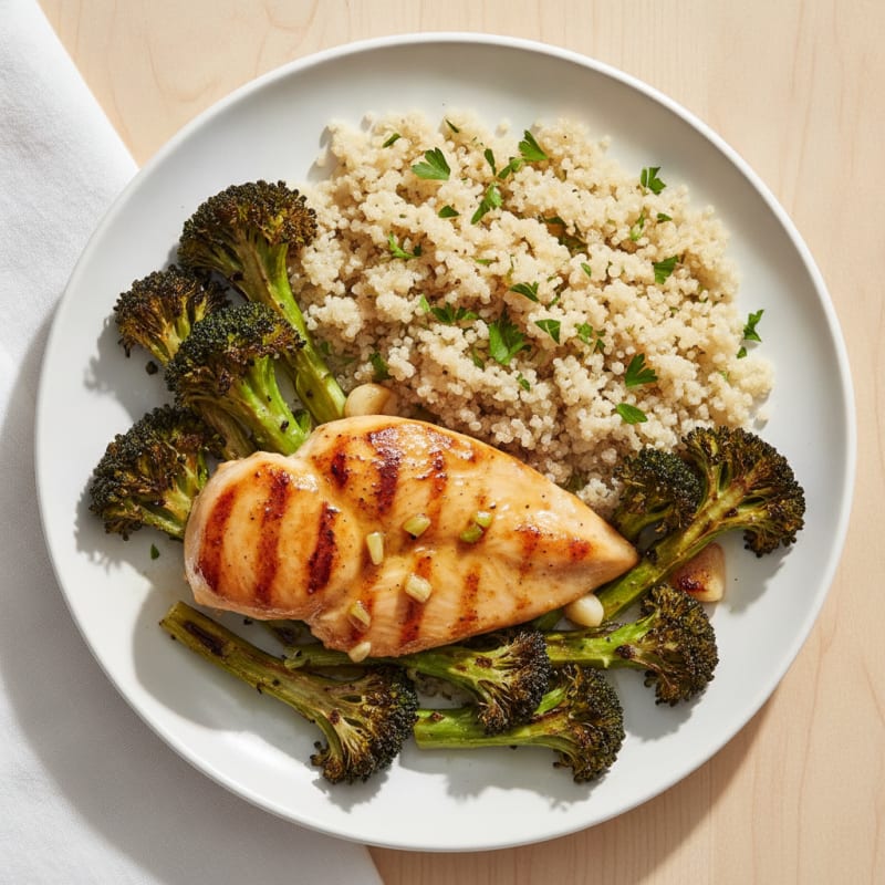 Grilled Lemon-Garlic Chicken Breast with Quinoa and Roasted Broccoli