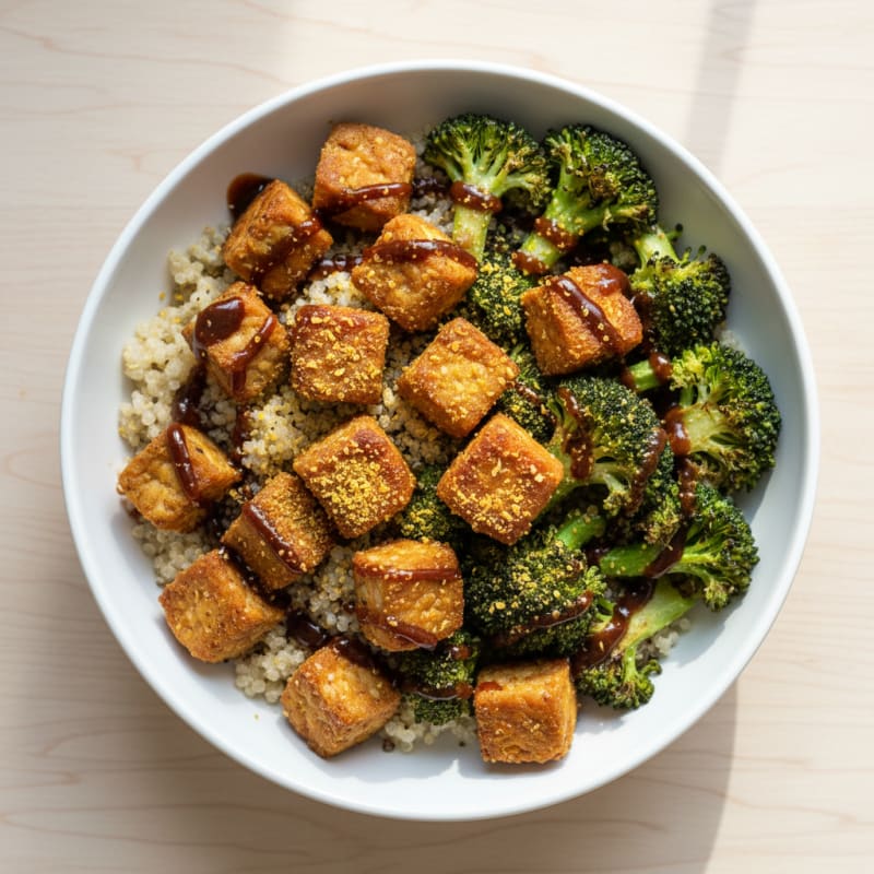 Crispy Tempeh Power Bowl with Quinoa and Roasted Broccoli