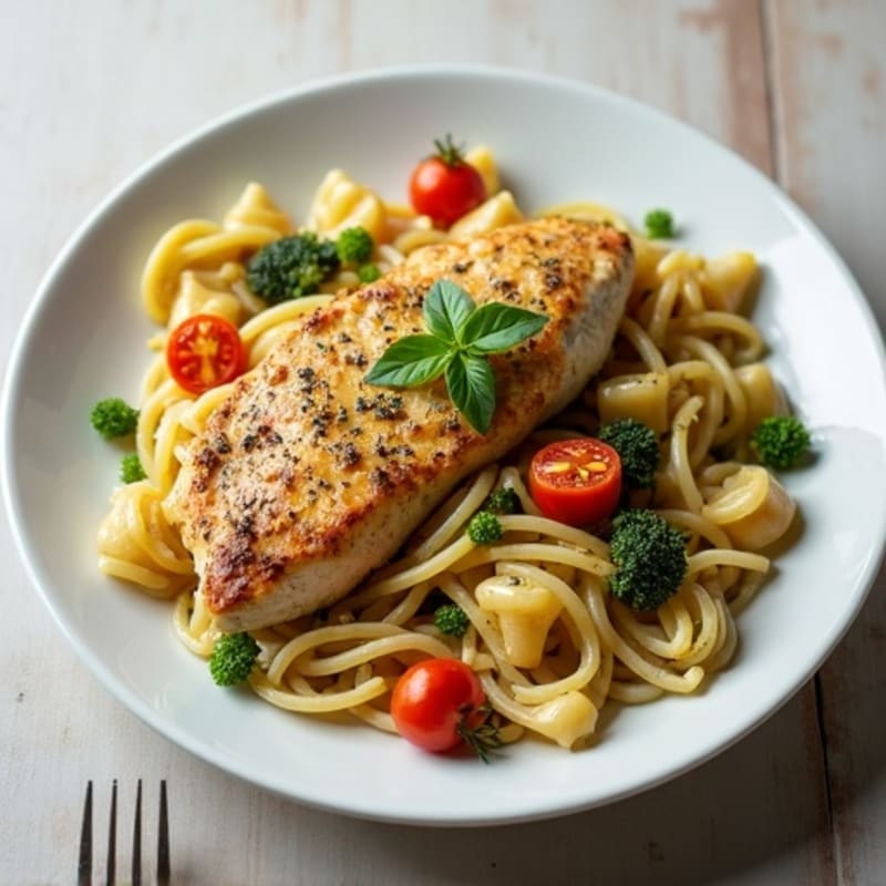 Creamy Chicken Pesto Pasta with Roasted Vegetables