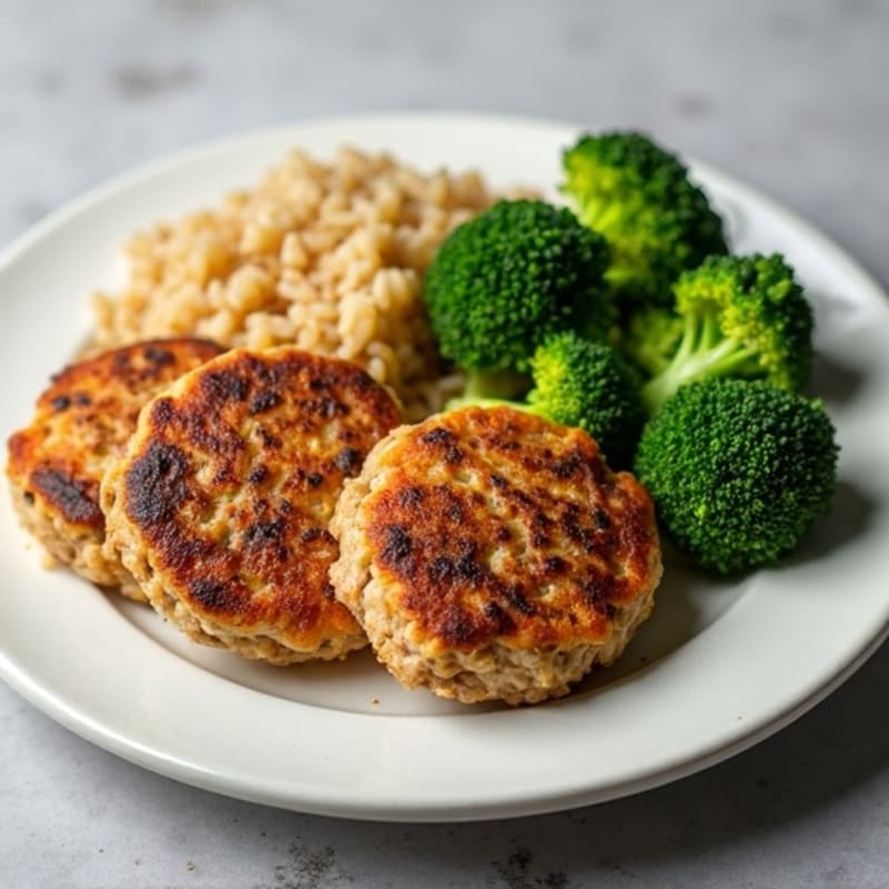 Seared Turkey Patties with Steamed Broccoli and Brown Rice