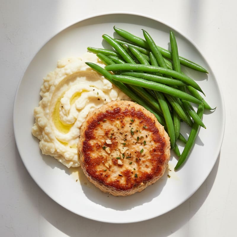Seared Turkey Burger with Steamed Green Beans and Mashed Cauliflower