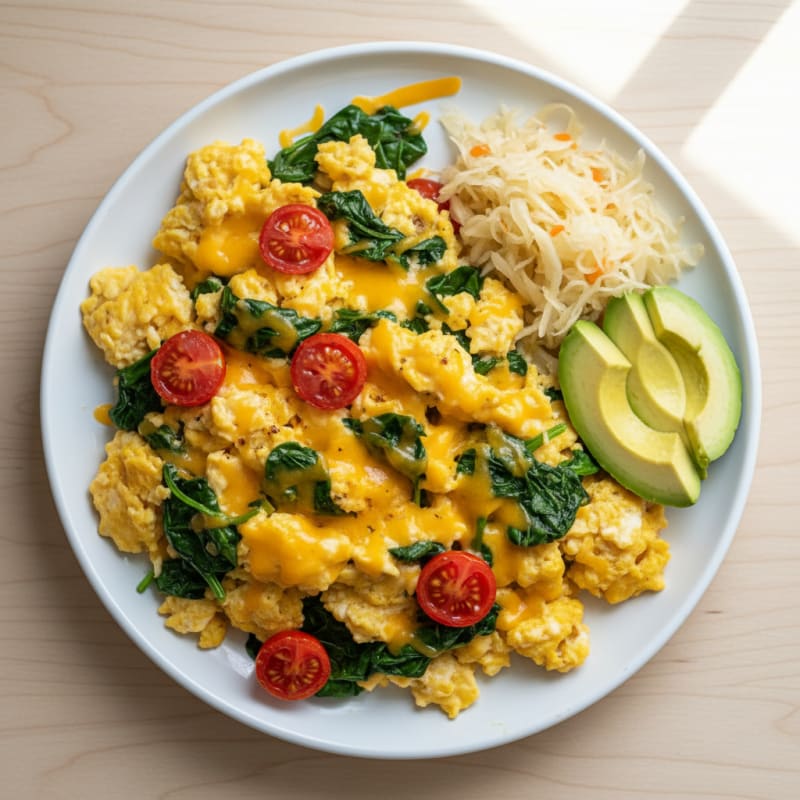 Cheesy Spinach Egg Scramble with Tomatoes
