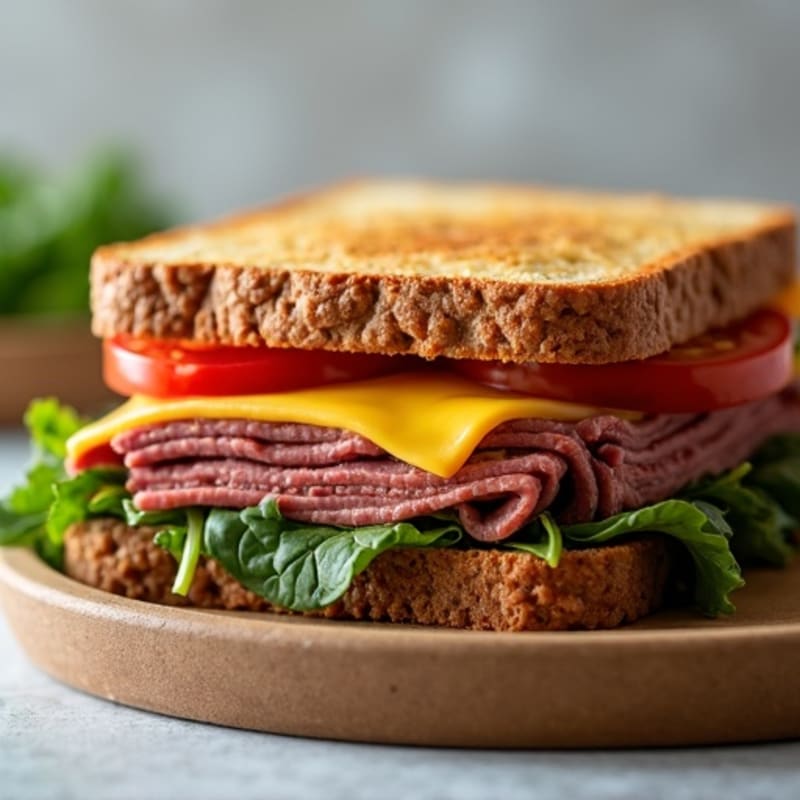 Lean Roast Beef and Melty Cheddar Sandwich with Fresh Veggies