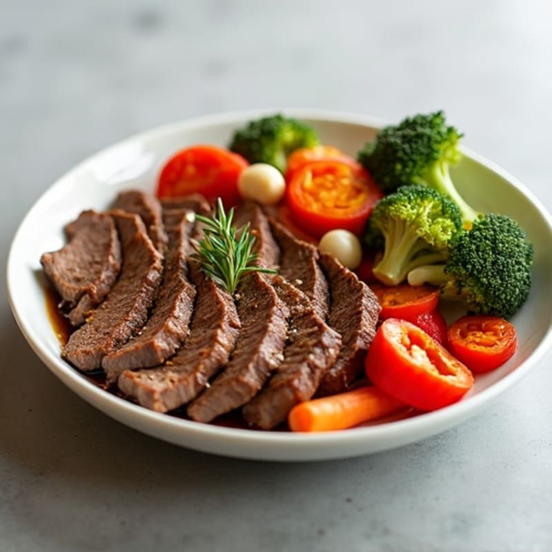 Tender Savory Garlic-Ginger Beef with Roasted Vegetables