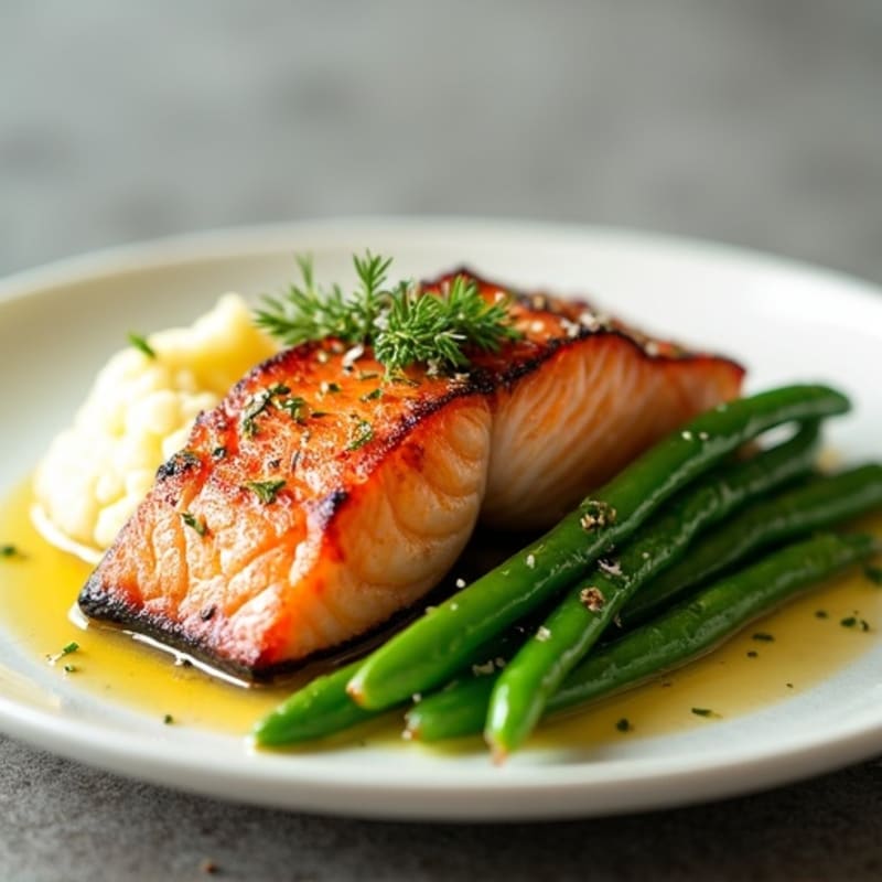 Seared Salmon with Steamed Green Beans and Cauliflower Mash
