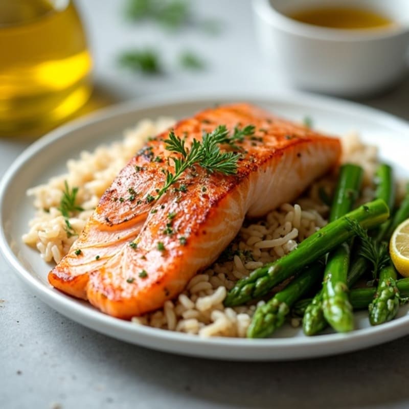 Seared Salmon Fillet with Steamed Asparagus and Brown Rice