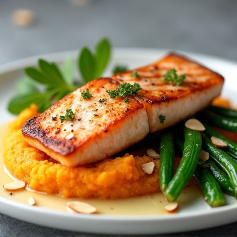 Seared Salmon with Garlic Green Beans and Sweet Potato Mash