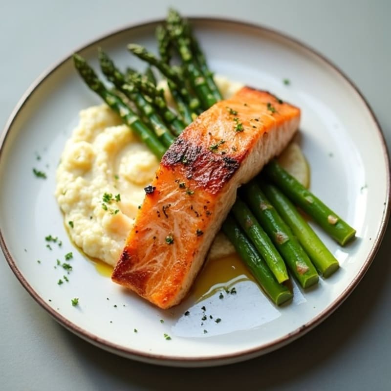 Seared Salmon with Roasted Asparagus and Cauliflower Mash