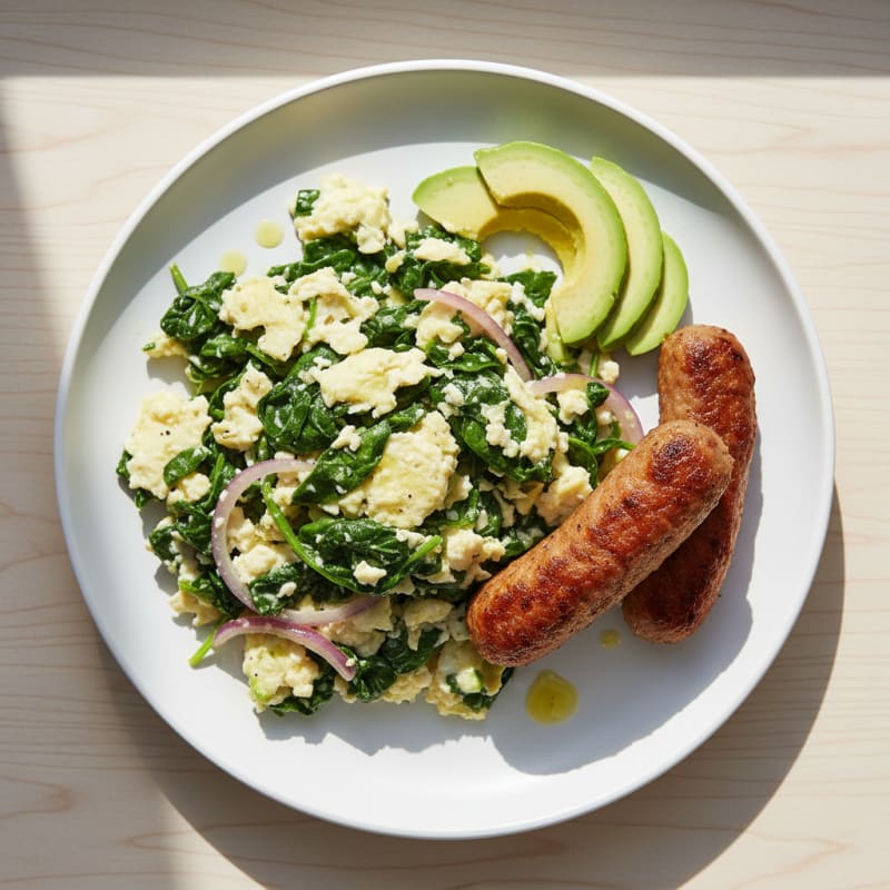 Egg White Scramble with Turkey Sausage and Sautéed Spinach