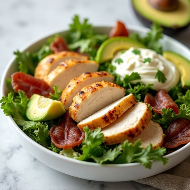 Grilled Chicken and Crispy Turkey Bacon Salad with Fresh Greens and Creamy Avocado Dressing