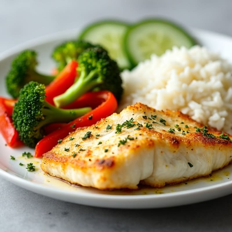 Flaky Lemon Haddock with Roasted Broccoli, Bell Pepper, Steamed Rice, and Crisp Cucumber