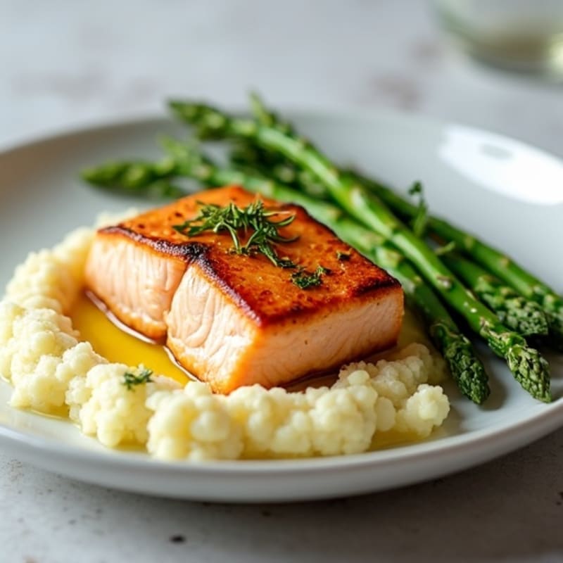 Seared Salmon with Steamed Asparagus and Cauliflower Mash
