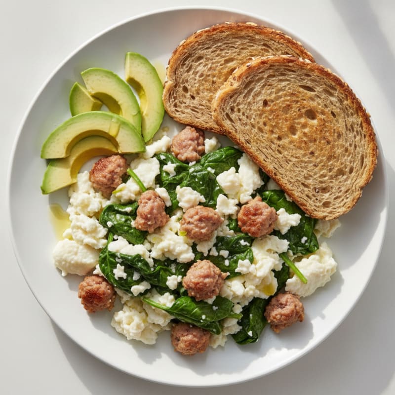Egg White and Turkey Sausage Scramble with Sautéed Spinach