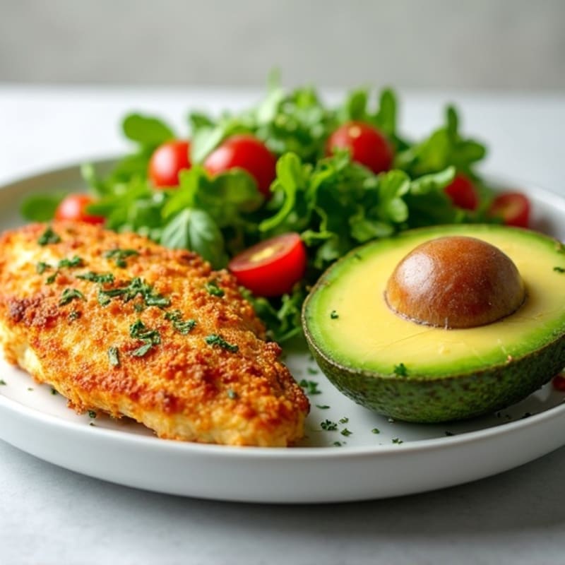 Crispy Lemon Herb Chicken with Creamy Avocado and Fresh Greens Salad