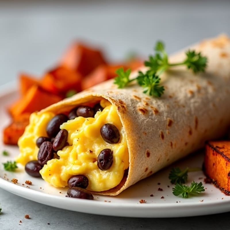 High-Protein Scrambled Egg and Black Bean Burrito with Roasted Sweet Potatoes