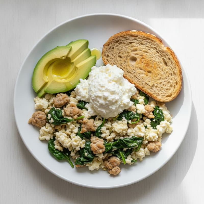 Egg White and Turkey Sausage Scramble with Cottage Cheese and Spinach
