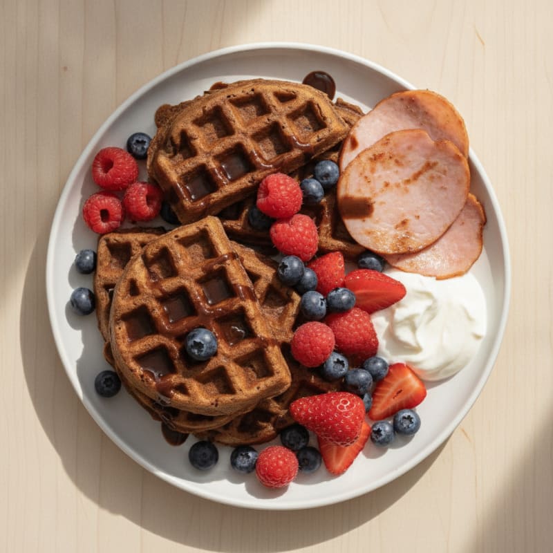 Banana-Cacao Protein Waffles with Fresh Fruit