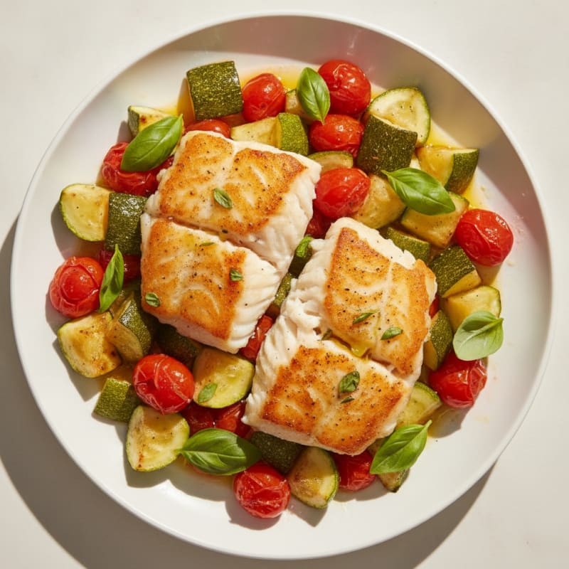 Seared Cod with Roasted Zucchini and Cherry Tomatoes
