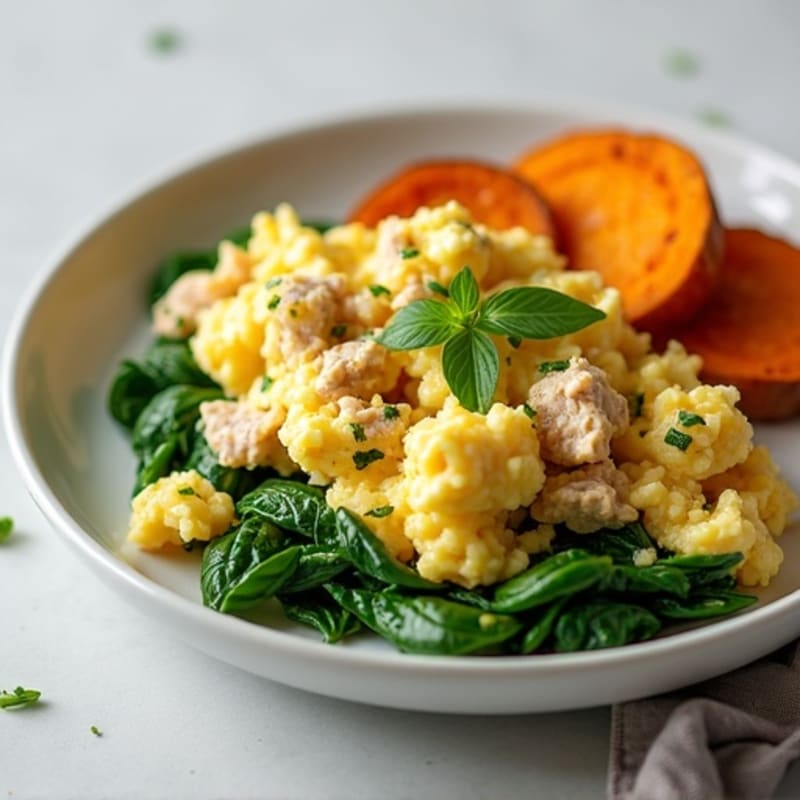 Egg White and Turkey Spinach Scramble with Roasted Sweet Potato