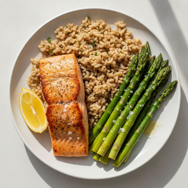 Seared Salmon Fillet with Steamed Asparagus and Brown Rice