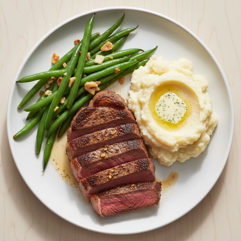 Seared Sirloin Steak with Garlic Green Beans and Creamy Mashed Cauliflower
