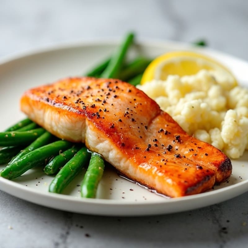 Seared Salmon Fillet with Garlic Green Beans and Cauliflower Mash