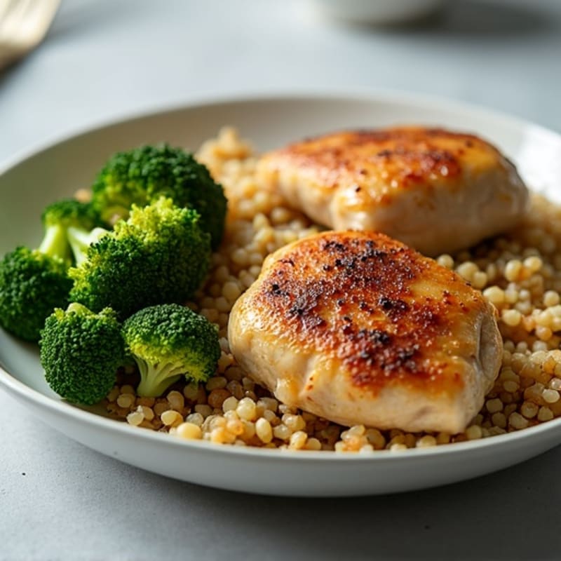 Seared Chicken Thighs with Roasted Broccoli and Quinoa