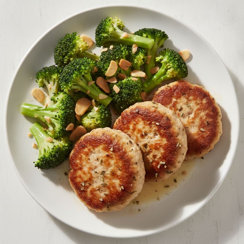 Seared Turkey Patties with Steamed Broccoli and Garlic