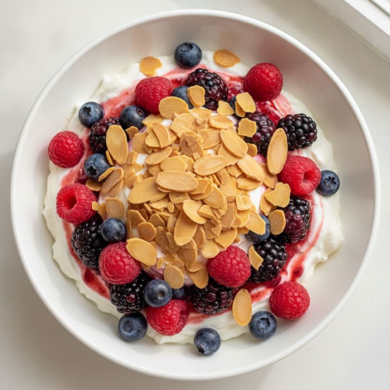 Greek Yogurt Protein Parfait with Mixed Berries and Almonds