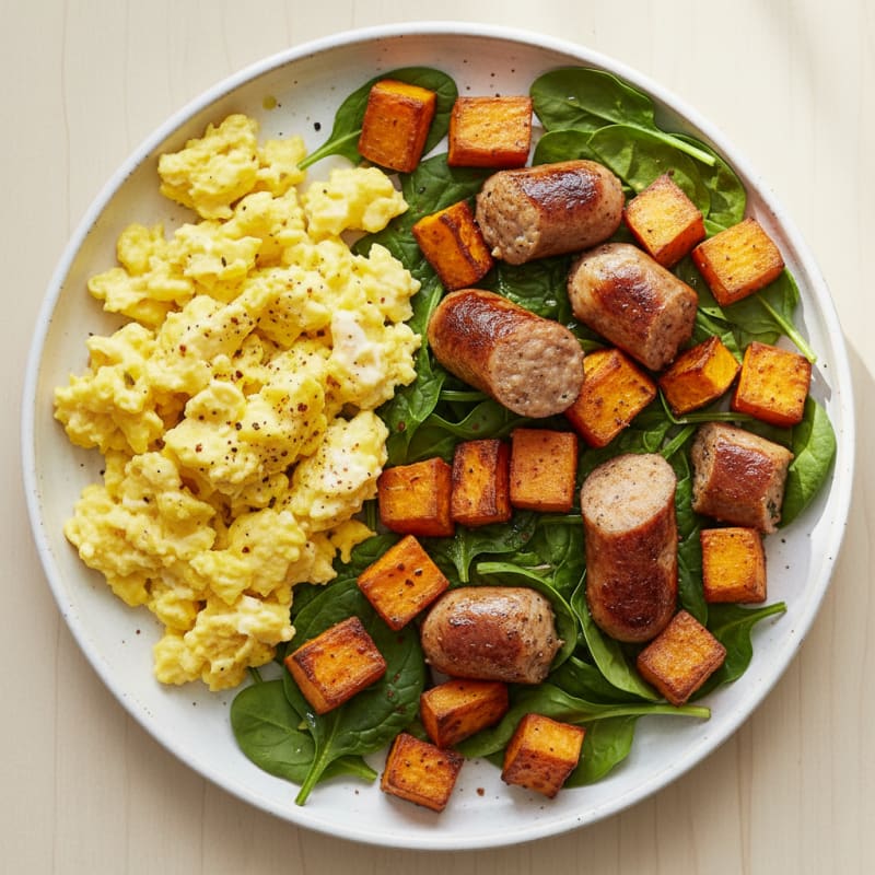Scrambled Eggs with Chicken Sausage and Roasted Sweet Potato