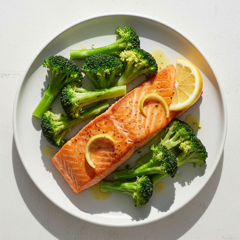 Seared Salmon Fillet with Steamed Broccoli and Lemon